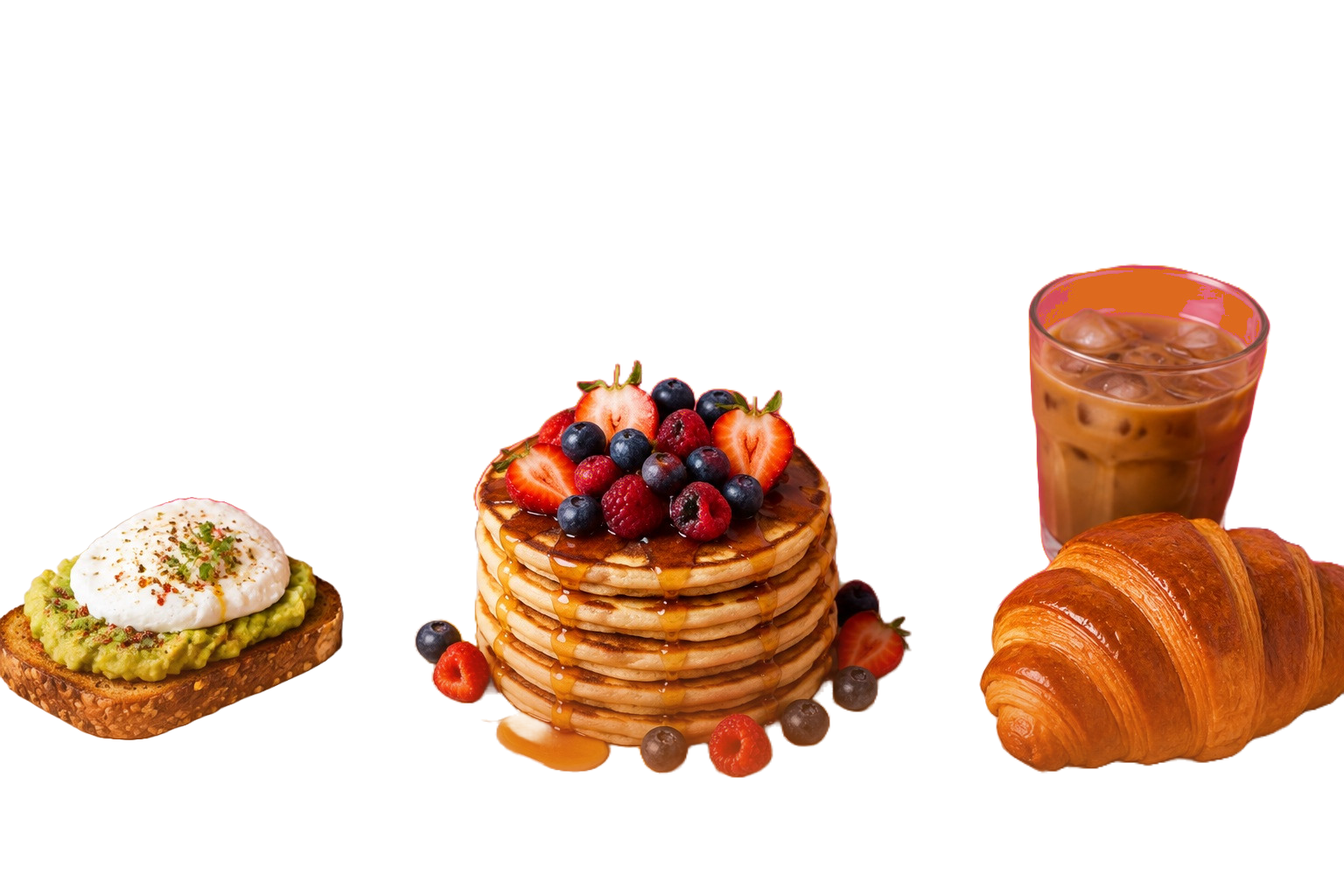 Pancakes gourmands, toast et café glacé sur une table de brunch.
